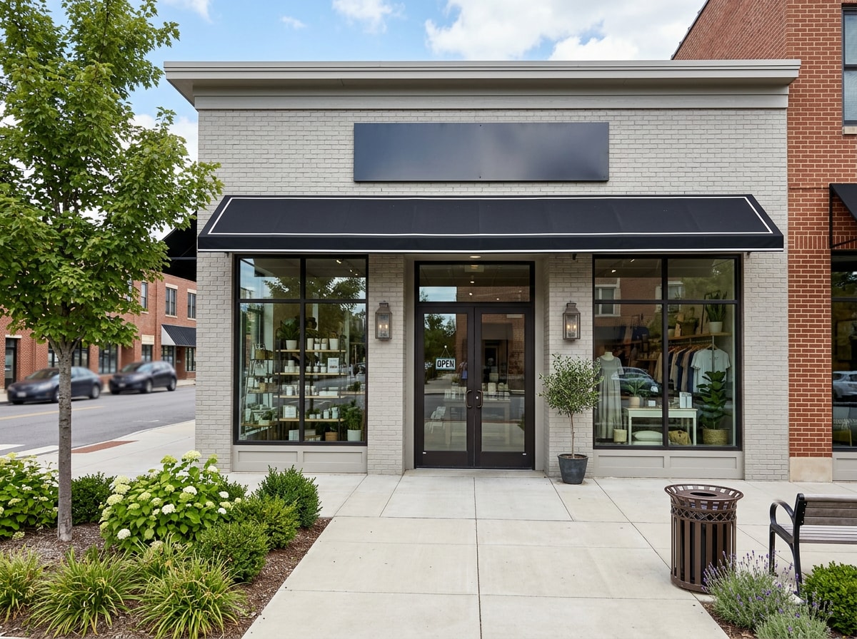 Completed retail storefront exterior with finished facade and signage-ready entrance