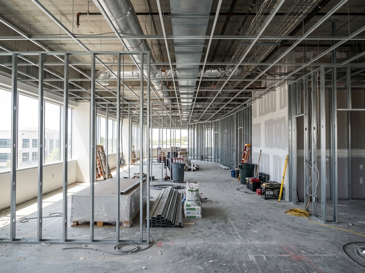 Interior of a commercial office space mid-construction during a tenant build out