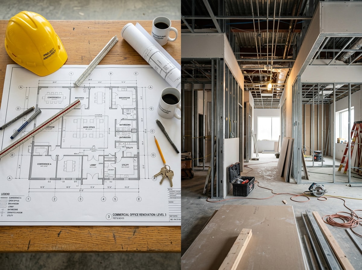 Before and after floor plan comparison showing a commercial tenant improvement layout