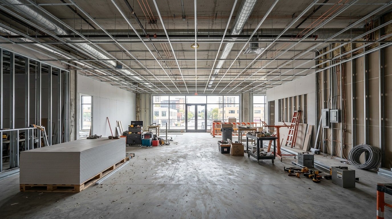 Commercial office space undergoing a tenant build out construction project