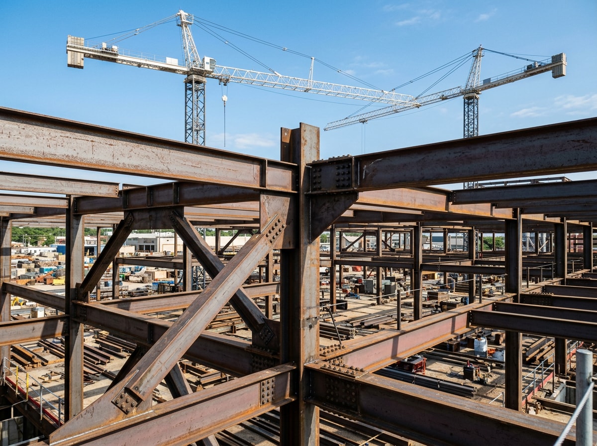 Structural steel framework at an industrial facility expansion site with cranes in the background