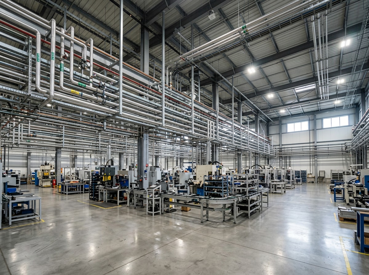 Contractor crew installing process piping inside an active manufacturing facility