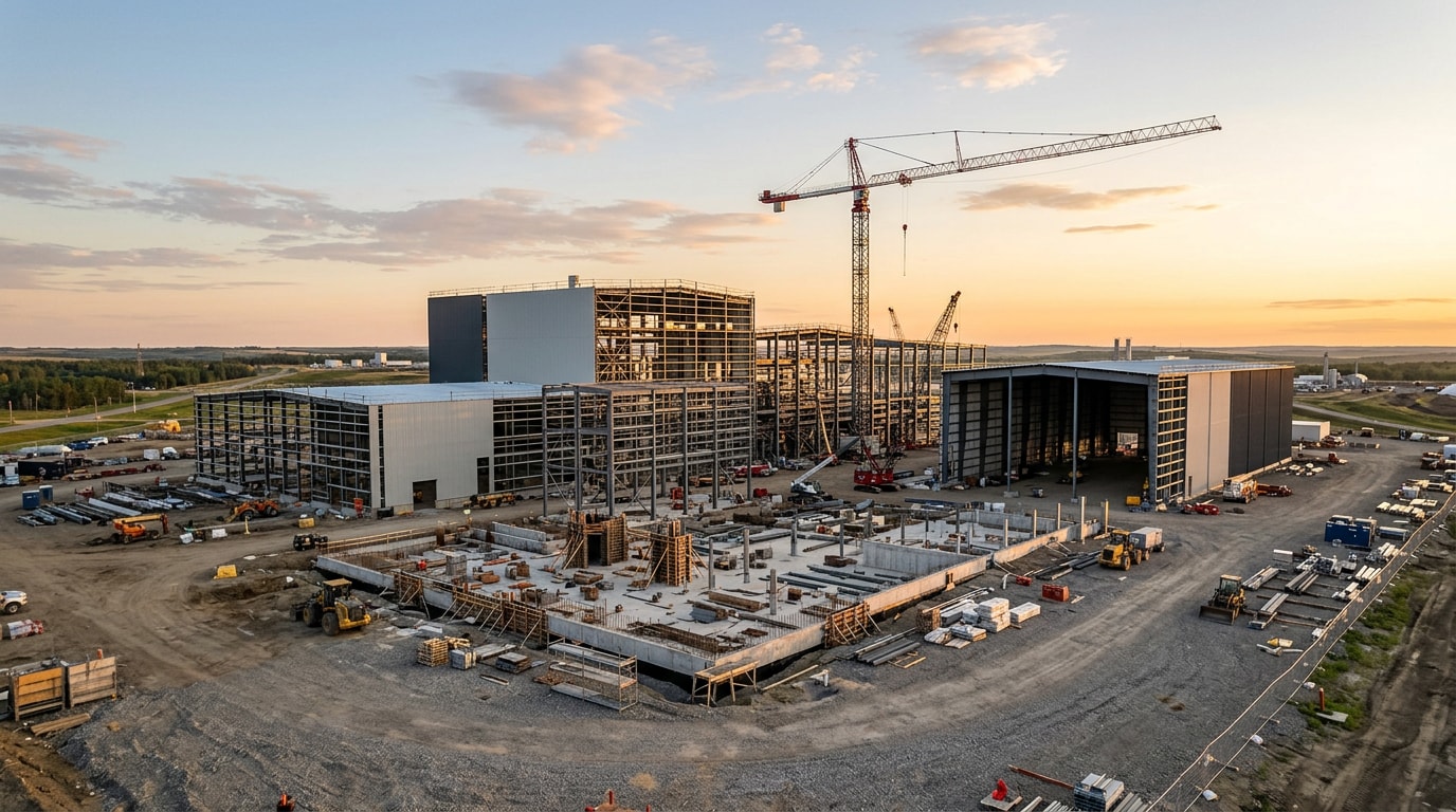 Industrial facility under construction with structural steel framework and a tower crane Industrial facility under construction with structural steel framework and a tower crane