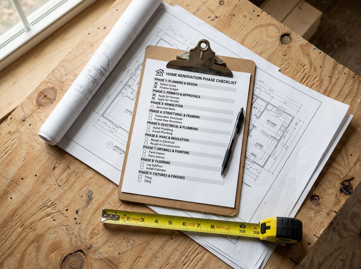 Home remodeling phase order table showing renovation sequence from inspection through final finishes