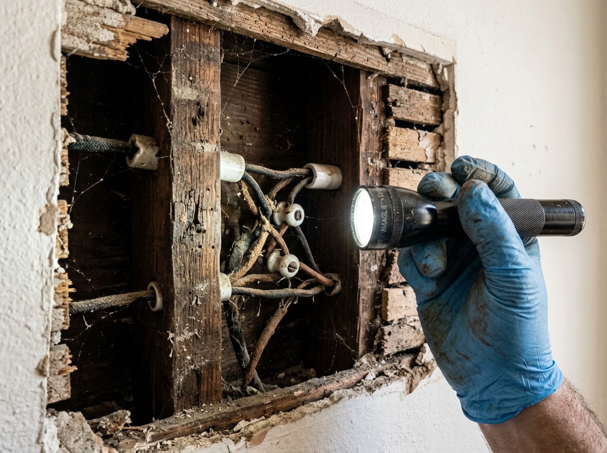 Licensed inspector examining exposed wiring and foundation during a pre-renovation home inspection