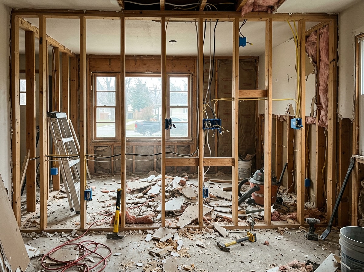 Exposed stud wall framing mid-demolition during a home remodeling structural work phase