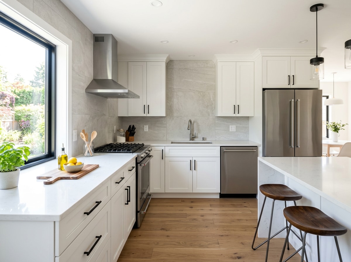 Finished kitchen remodel showing new cabinetry, countertops, and fixtures after renovation