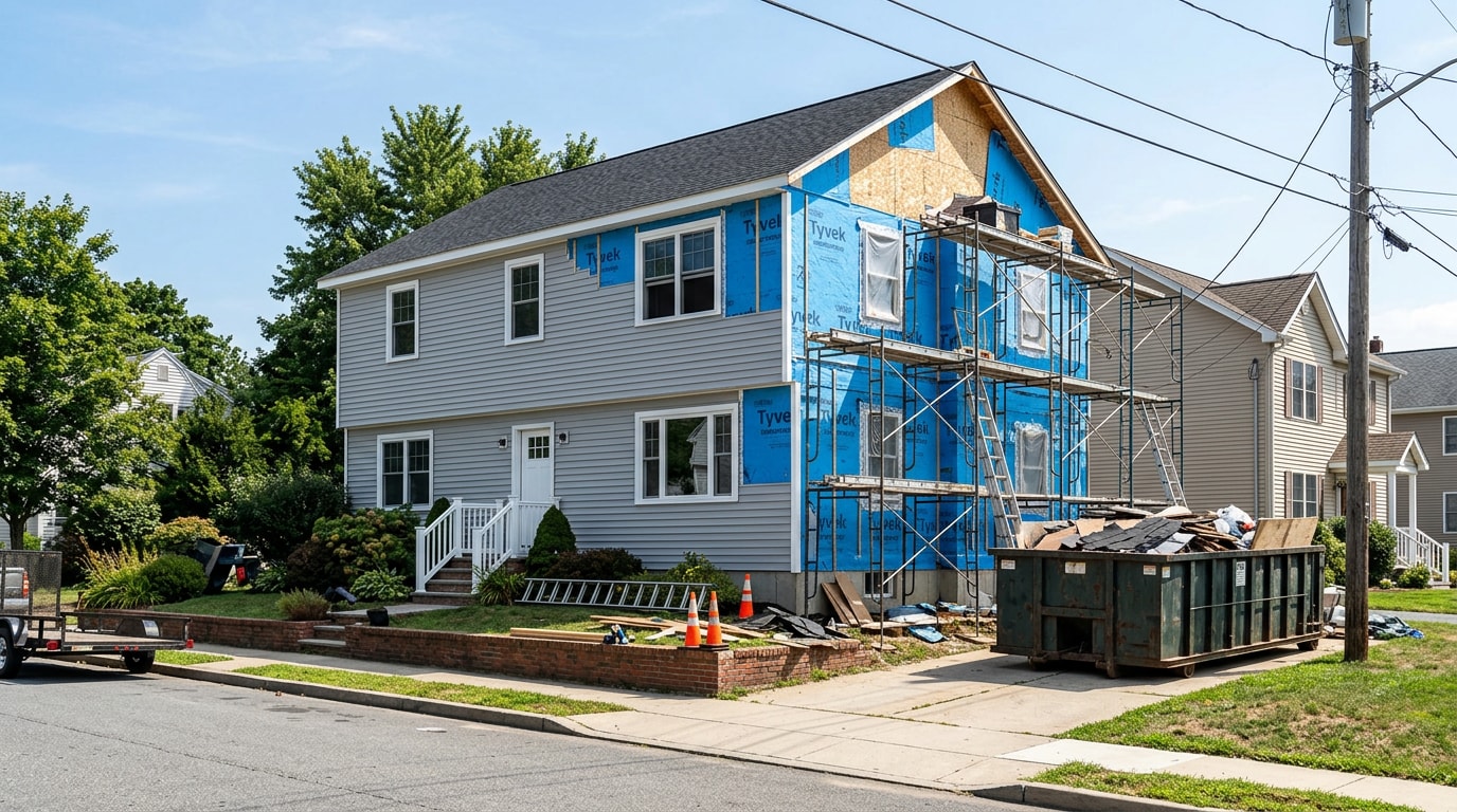 Home undergoing exterior remodeling with new siding partially installed