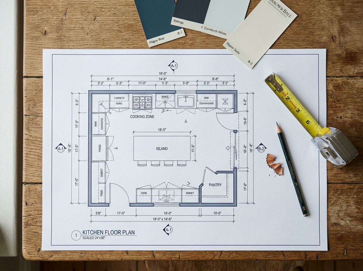 Kitchen floor plan sketch with cabinet layout and appliance placement notes for remodel planning