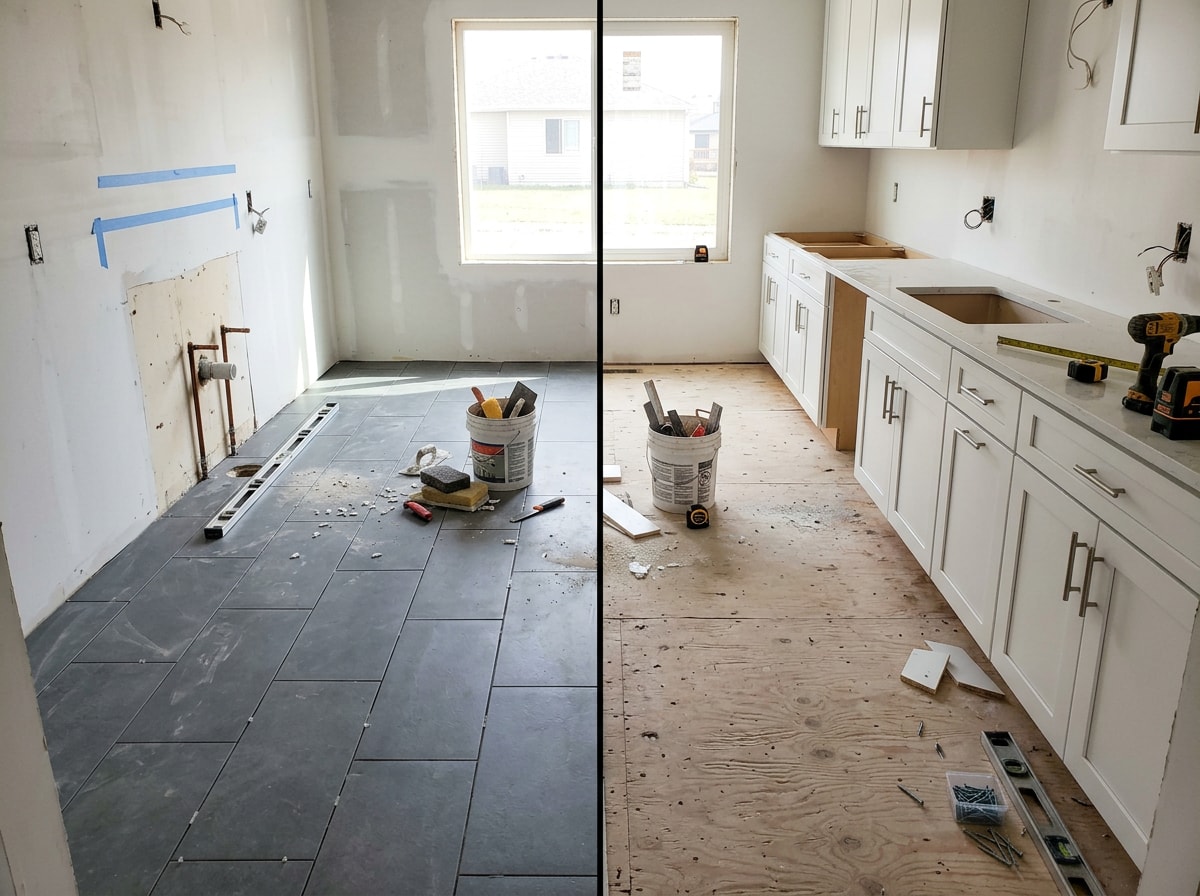 Side-by-side comparison graphic showing flooring-first versus cabinets-first installation order by material type