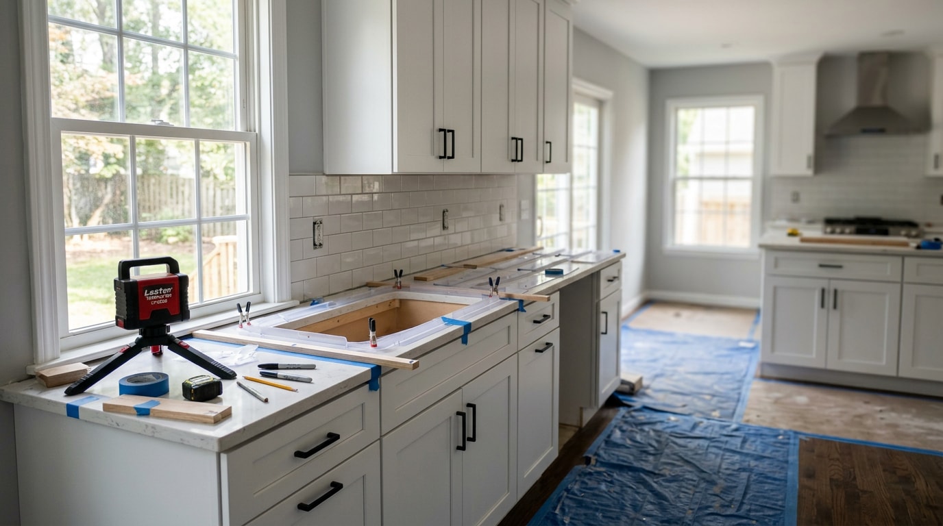 Finished kitchen cabinets installed during a remodel with countertop templating equipment on the counter