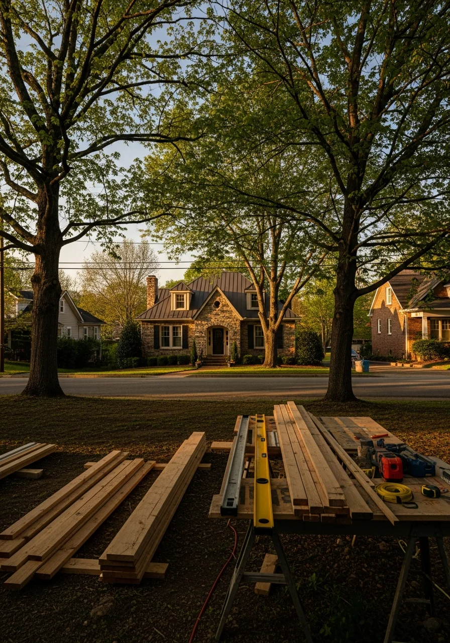 Technician performing work on a Fall Branch home with natural surroundings visible.