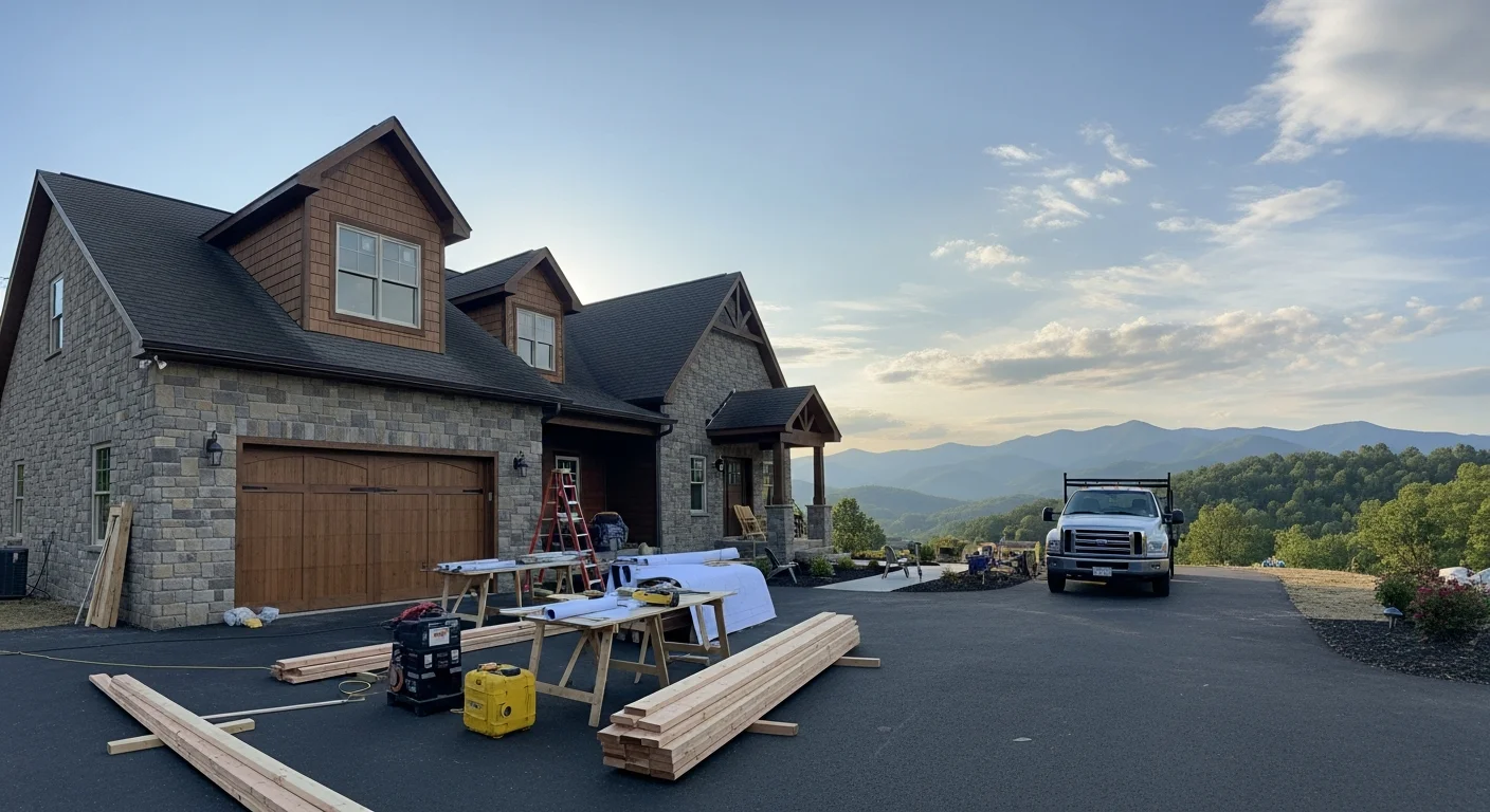 Professional service team standing in front of a Johnson City residential property with mountain backdrop.