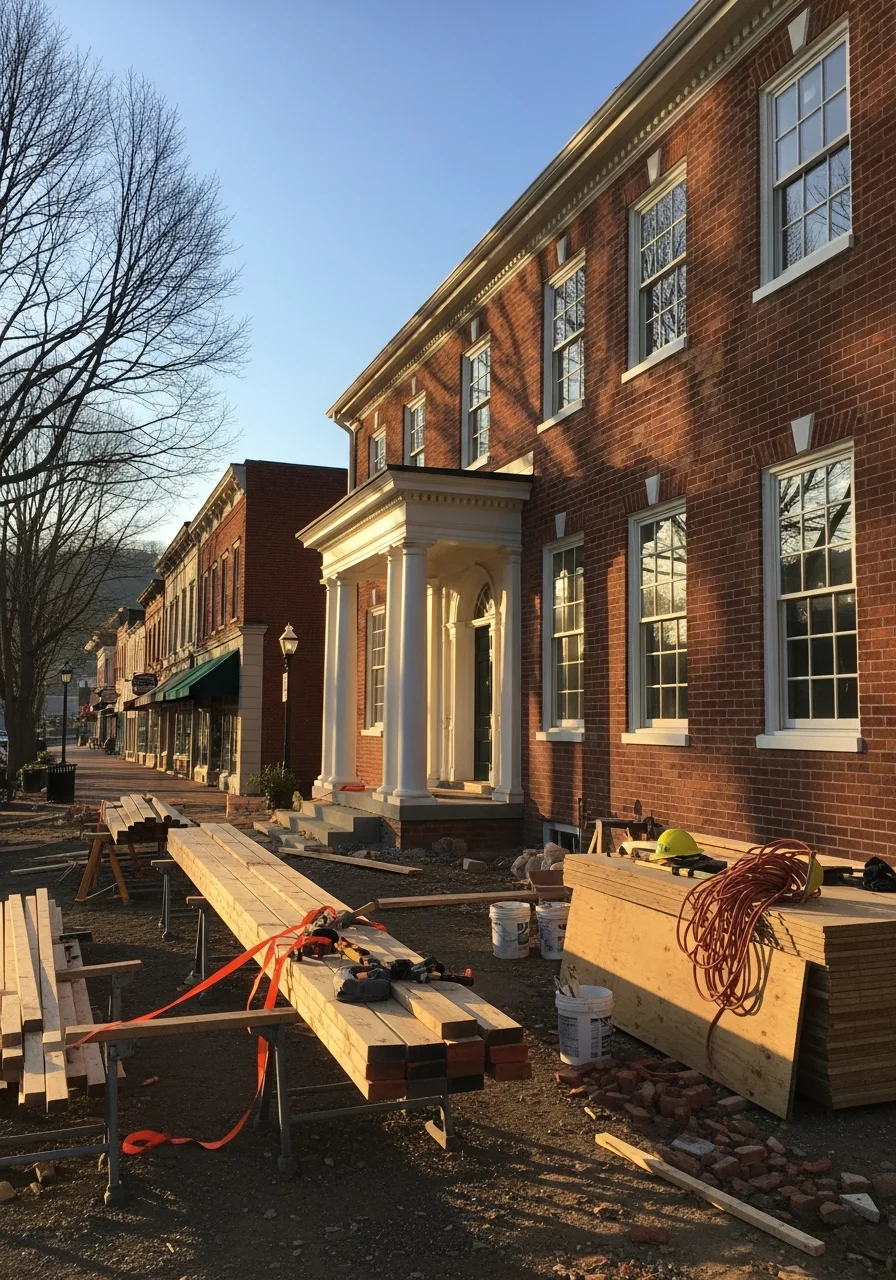 Technician working on a Jonesborough home with the town's historic downtown in the background.