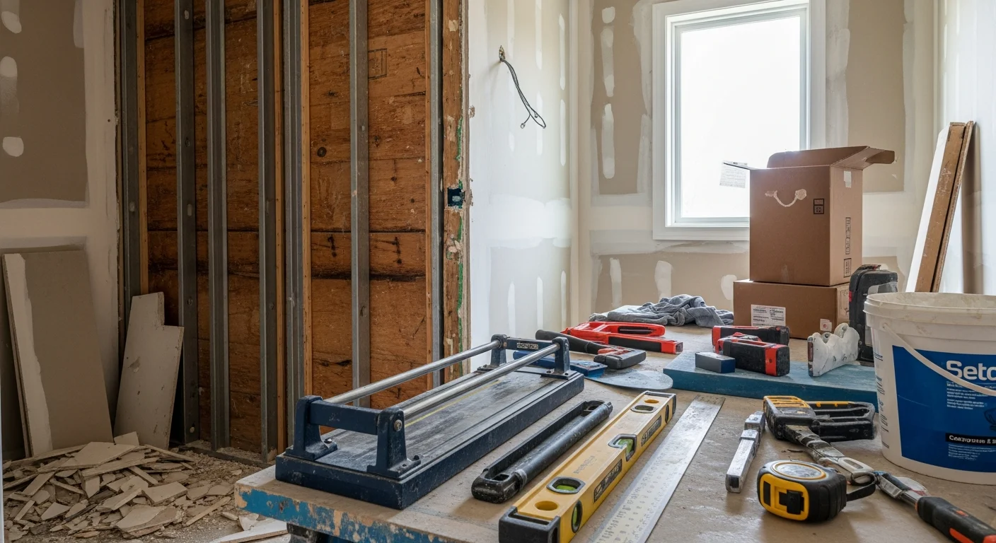 A fully remodeled bathroom in a Johnson City single-family home showing a walk-in tile shower, updated vanity, and new flooring. The space reflects a clean, functional layout typical of a complete bathroom renovation by Nordstar Builders CORP.