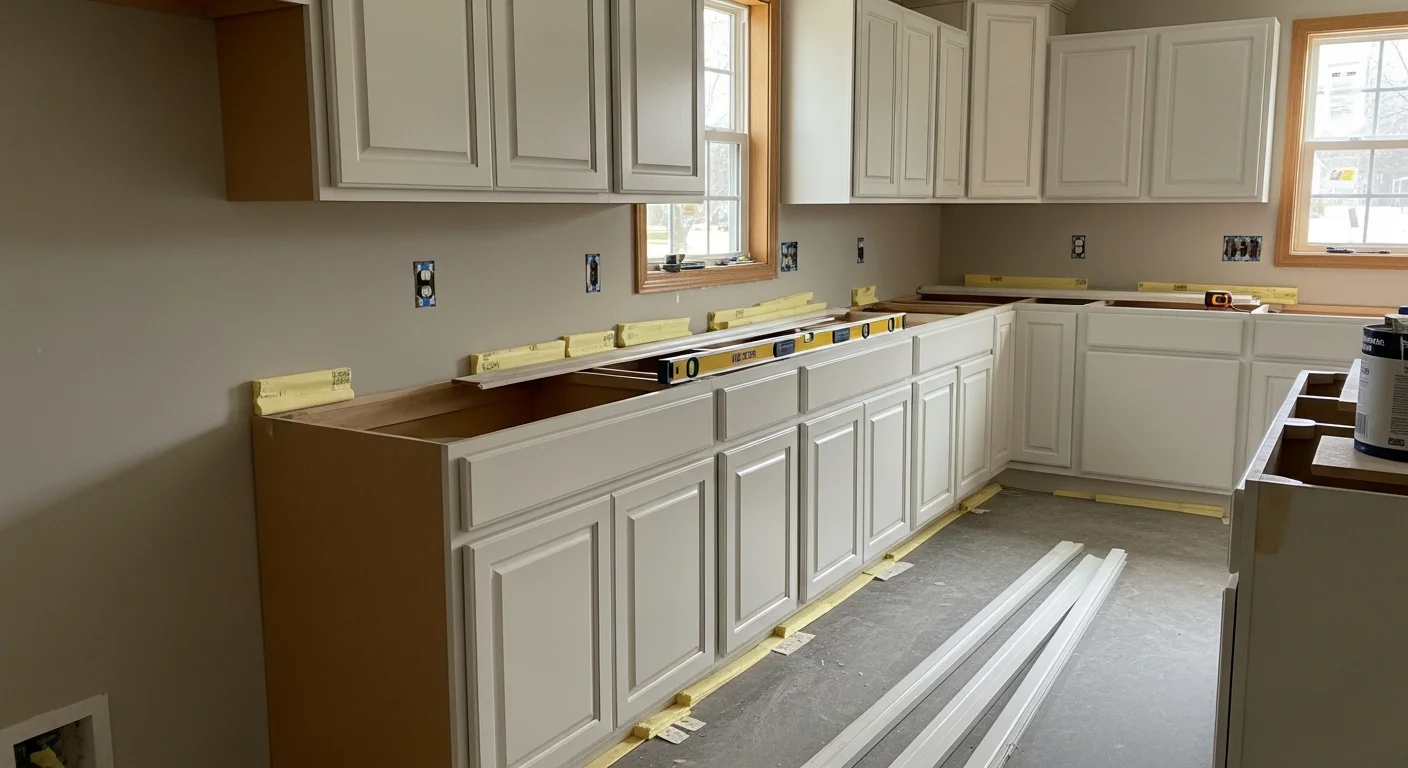 Freshly installed white shaker kitchen cabinets with aligned doors and hardware in a remodeled single-family home in Johnson City, TN. Base and wall cabinet runs are fitted flush against painted walls with clean trim work at corners and ceiling line.
