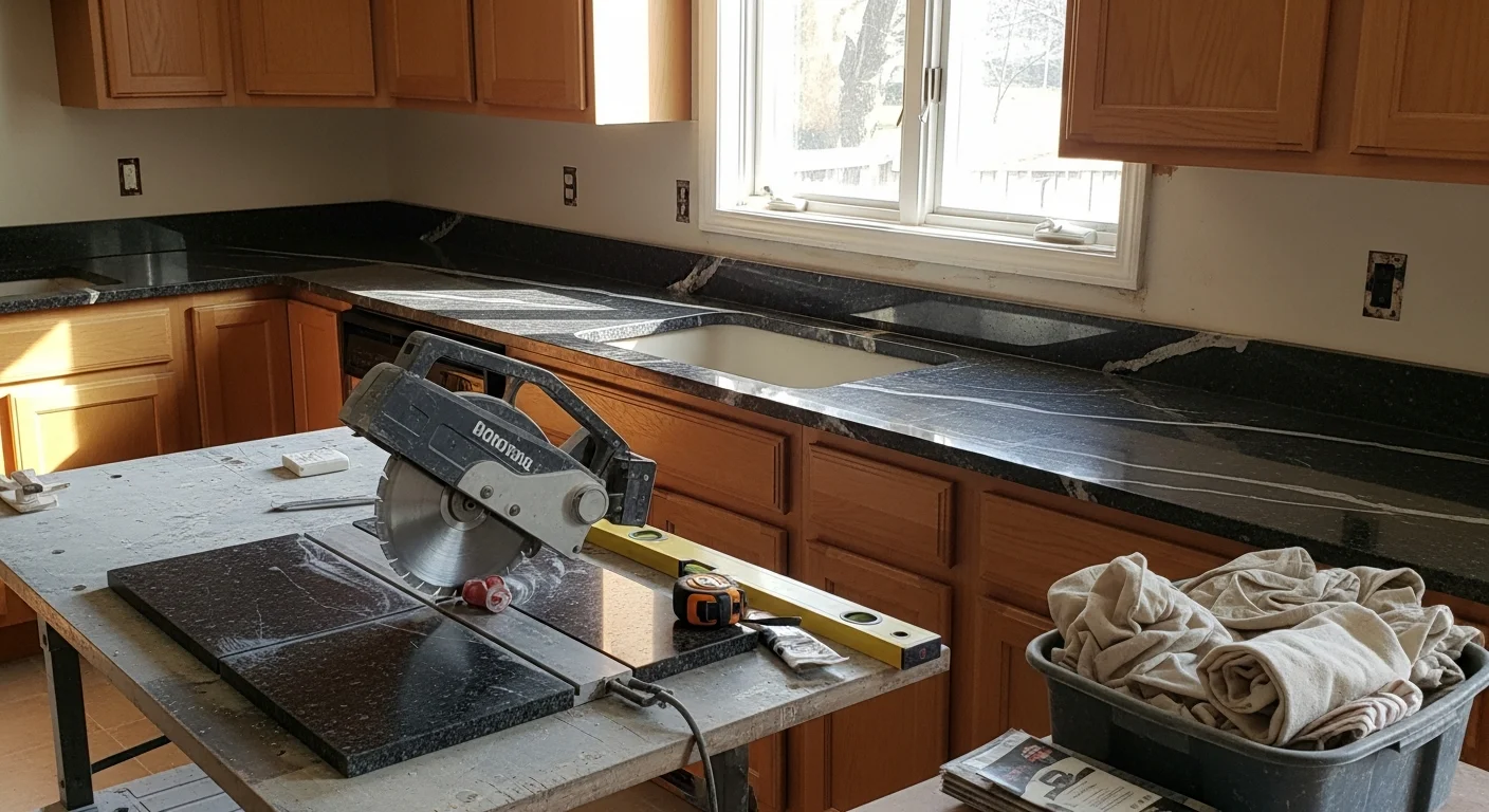 Freshly installed kitchen countertop in a Johnson City, TN single-family home, showing a clean surface edge meeting painted cabinets with a stainless steel sink cutout. The kitchen features natural light from a window above the sink and updated cabinet hardware.