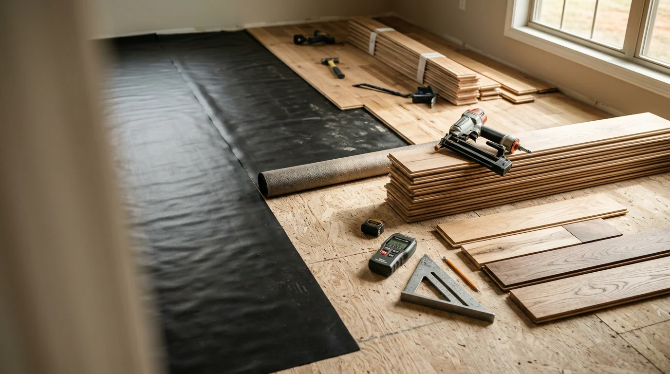 Freshly installed flooring in a Johnson City, Tennessee home, showing clean transitions between rooms and a well-prepped subfloor visible at the edge. A general contractor reviews the finished surface as part of a broader home build in the Tri-Cities region.