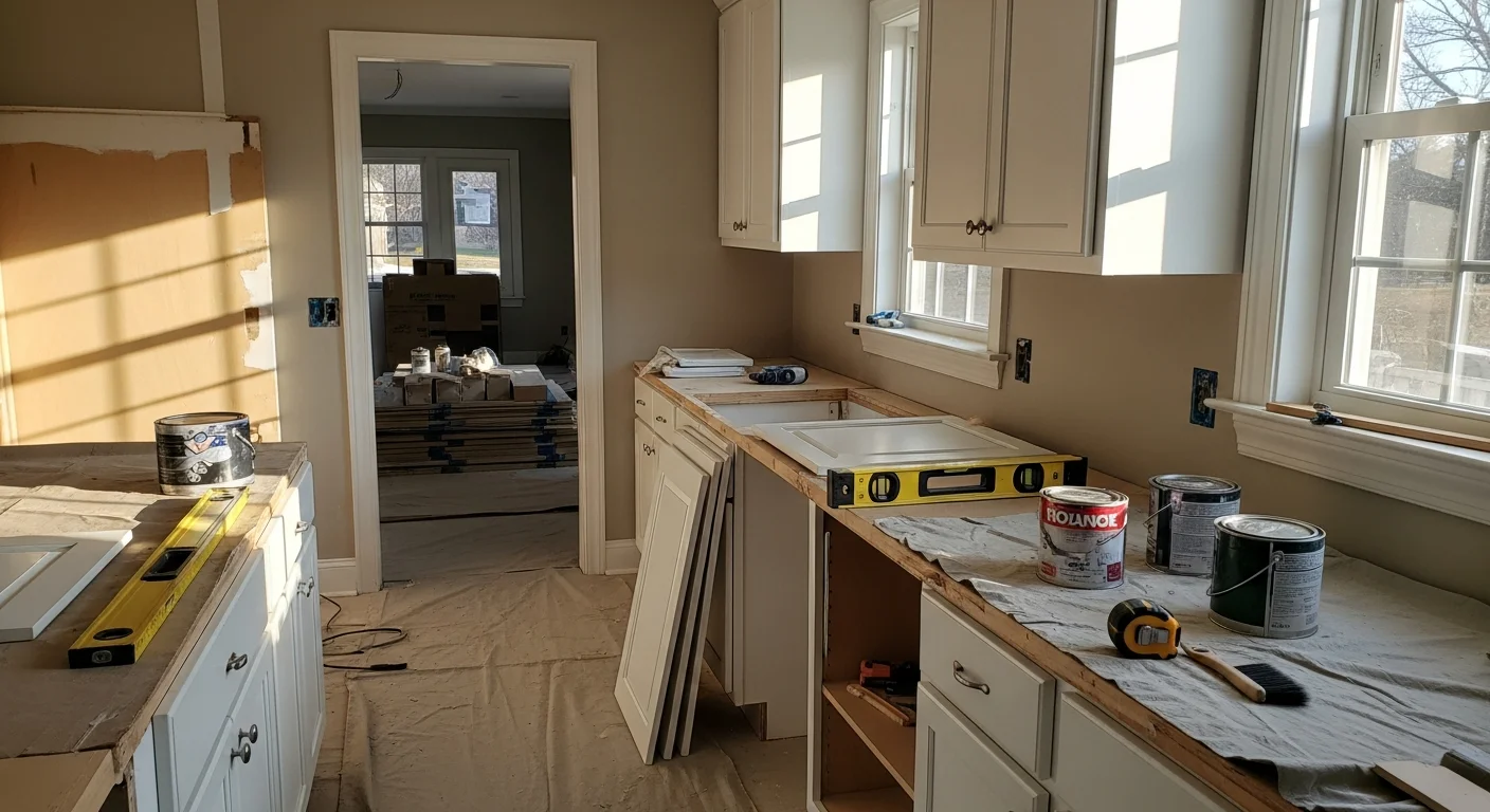 A renovated open-concept kitchen and living area inside a Johnson City, Tennessee home, showing new cabinetry, updated flooring, and fresh interior finishes completed by Nordstar Builders CORP.