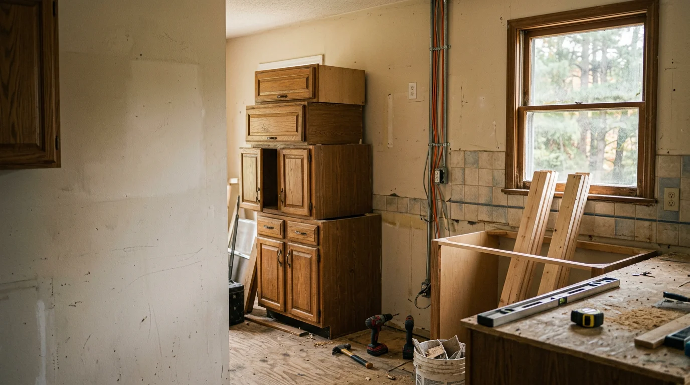 Renovated interior of a single-family home in Johnson City, Tennessee, showing updated kitchen layout and finished walls. General contractor renovation work completed by Nordstar Builders CORP serving the greater Tri-Cities region.