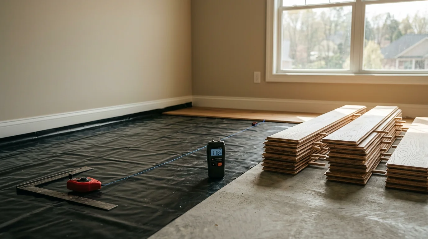 Freshly installed flooring in a Johnson City, Tennessee home showing clean plank transitions and a level surface across an open living area. A general contractor reviews the completed floor near a window with natural light.