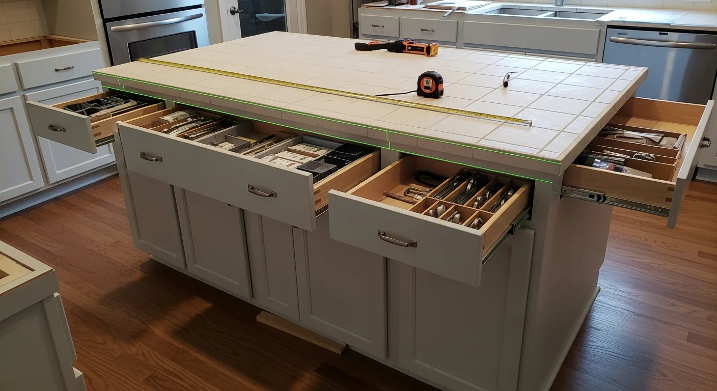 A newly installed kitchen island with a stone countertop and lower cabinet storage in a Johnson City home kitchen. The island is centered in an open-concept layout with clear aisle space on all sides.