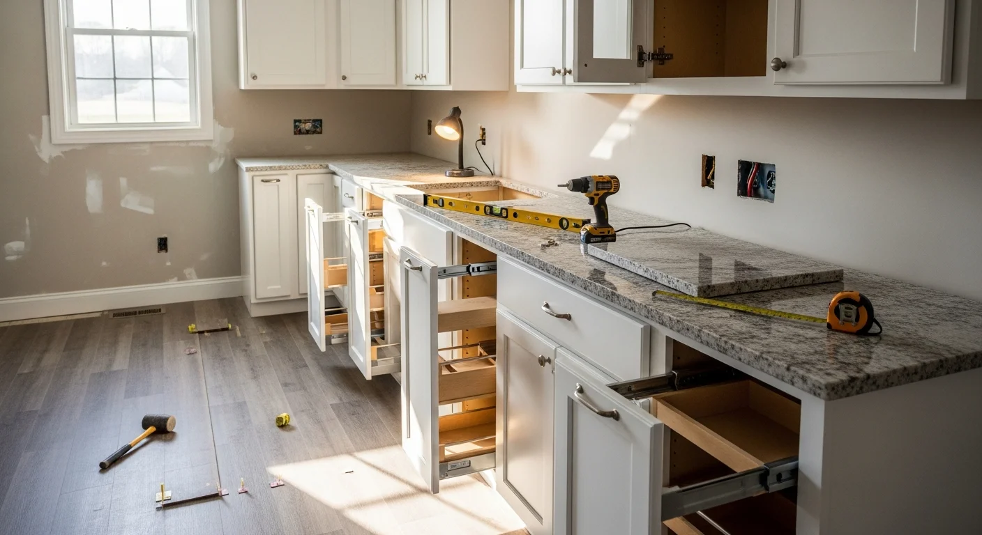 A remodeled kitchen in a Johnson City, TN home featuring updated cabinetry, new countertops, and recessed lighting installed by Nordstar Builders CORP. The open layout shows finished flooring and a clean, functional workspace ready for daily use.