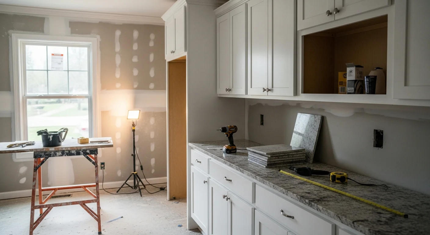 A renovated kitchen inside a Johnson City, Tennessee single-family home, showing new cabinetry, updated countertops, and recessed lighting. The space reflects a clean, functional layout suited to everyday residential use in the East Tennessee area.