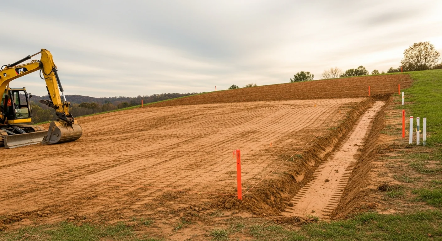 A graded residential lot in Johnson City, Tennessee with cleared terrain and a shaped building pad ready for foundation work. Surrounding hillside landscape and tree line visible in the background.