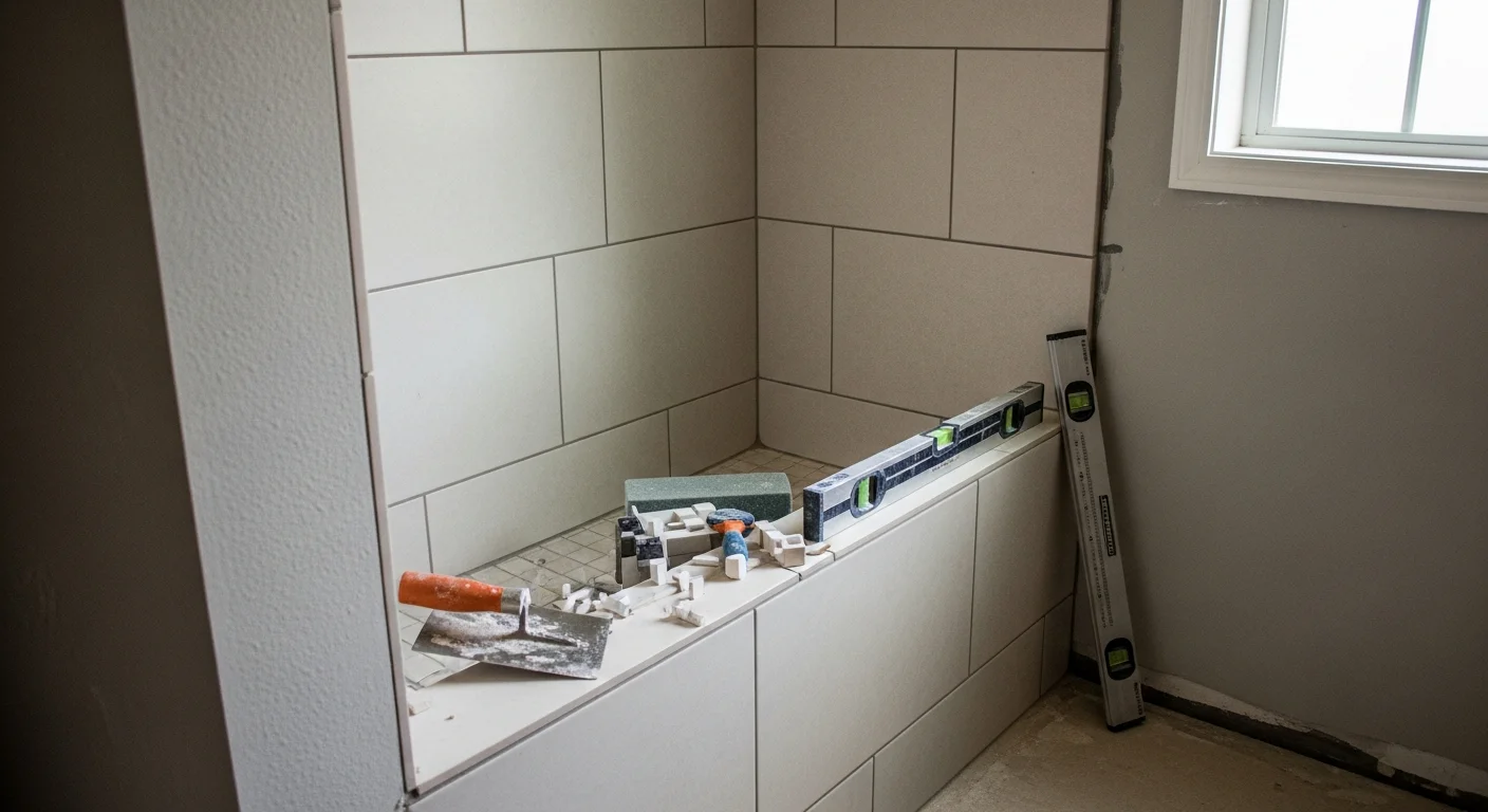 A newly installed walk-in shower with tiled walls and a frameless glass panel in a remodeled bathroom in Johnson City, TN. The shower pan is flush with the floor and the drain is centered, showing clean finish work by Nordstar Builders CORP.