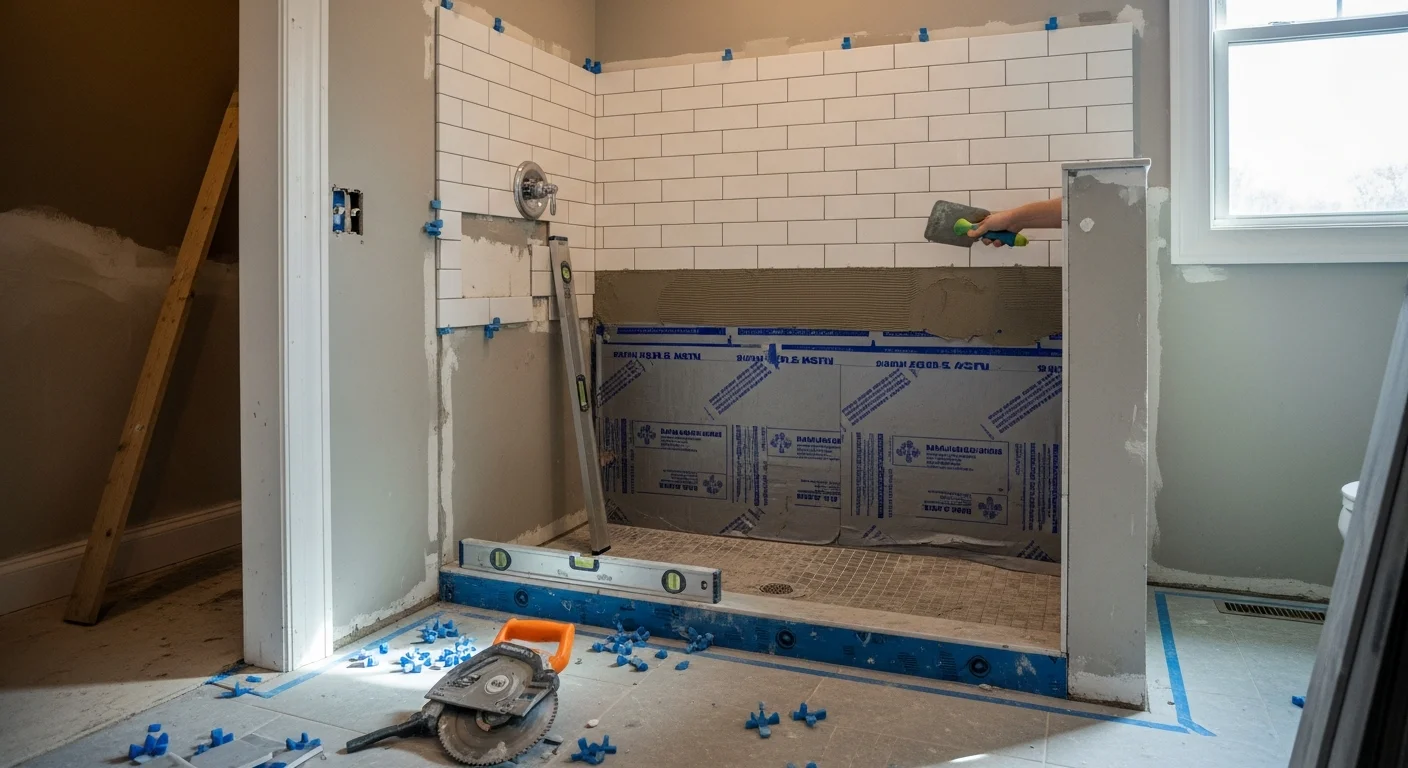 A finished bathroom tile installation in a Johnson City, TN home showing clean grout lines on a walk-in shower wall and matching floor tile. The wet area surfaces are fully tiled from floor to ceiling with consistent joint spacing throughout.