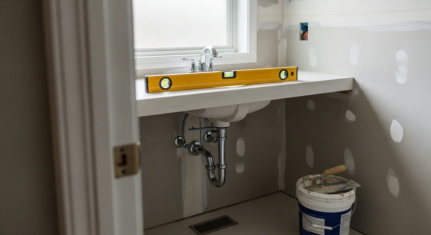 A newly installed bathroom vanity with a white cabinet base and integrated sink in a Johnson City, TN home bathroom. The unit is mounted flush against a painted wall with supply lines and drain connected beneath the cabinet.